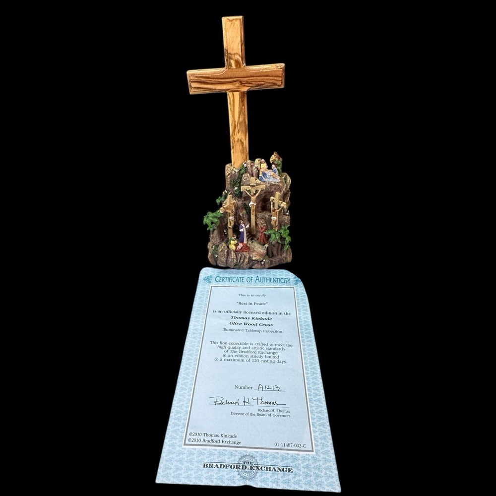 Thomas Kinkade Illuminated Olive Wood Cross "Rest in‎ Peace" Bradford Exchange